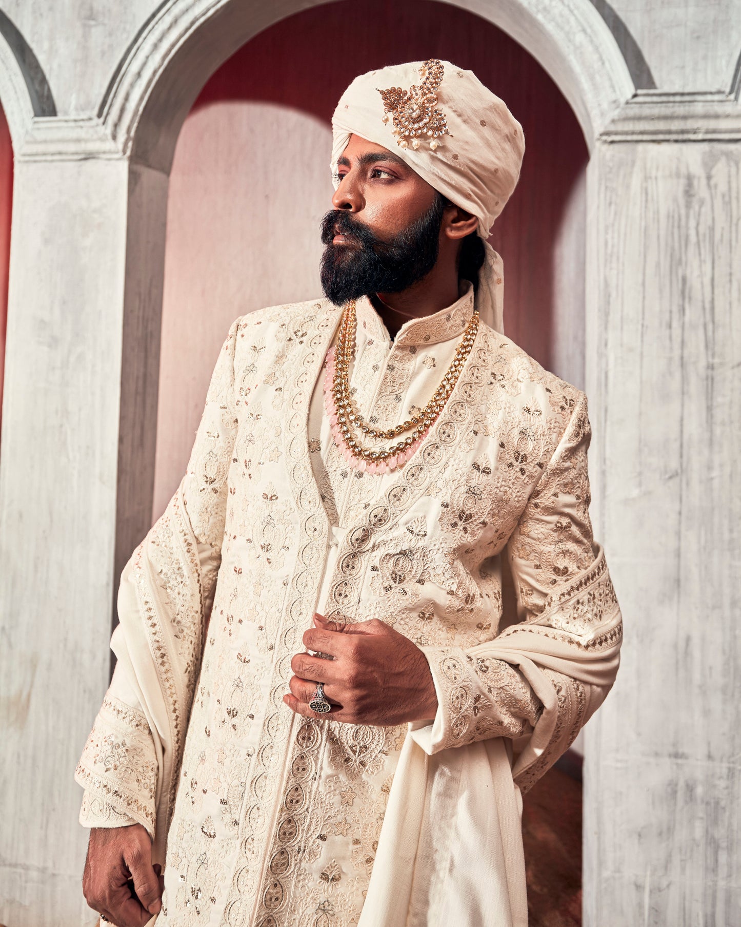 White Embroidered Sherwani Set
