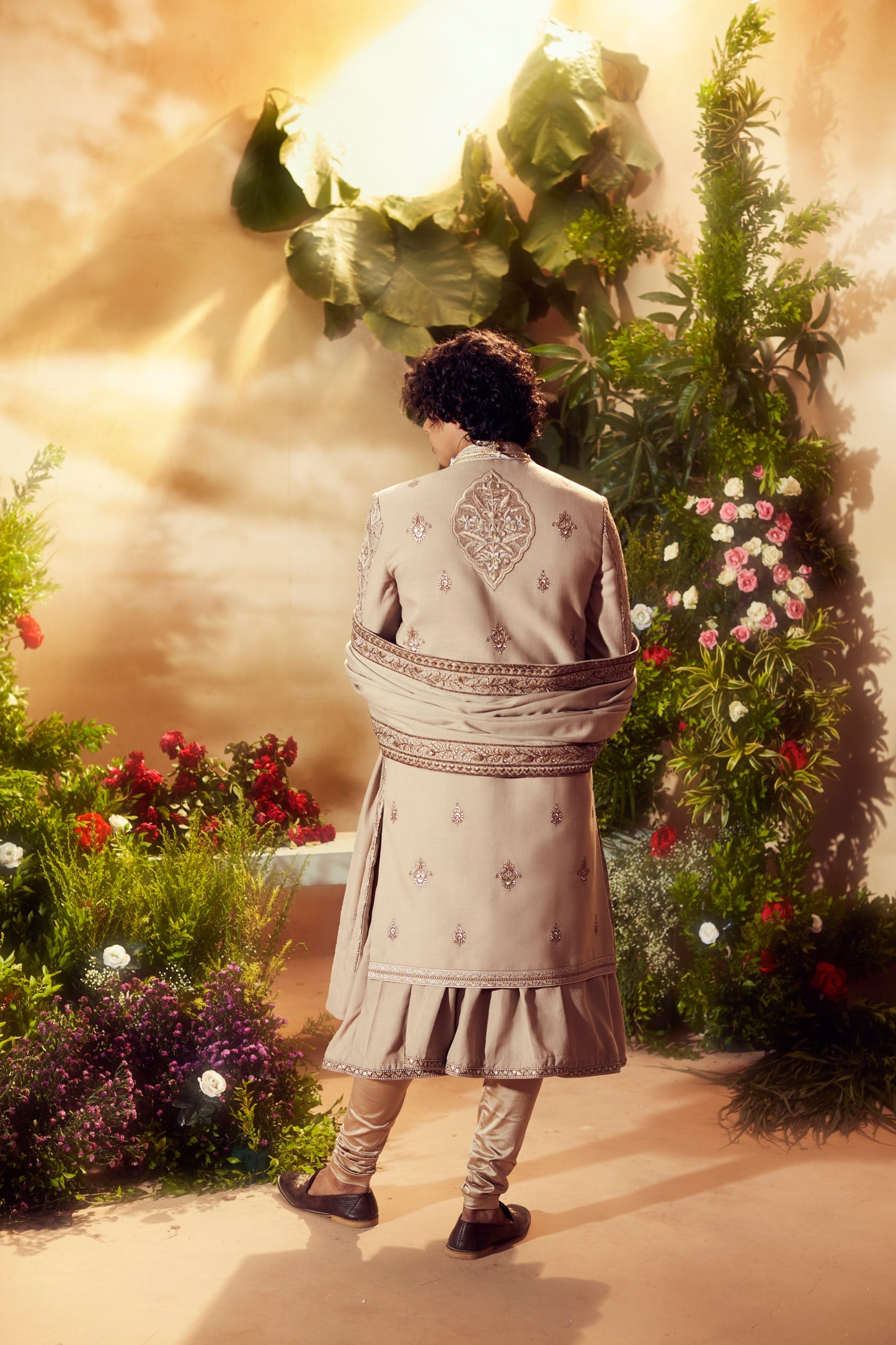 Beige Ethnicmotif Embroidered Sherwani Set