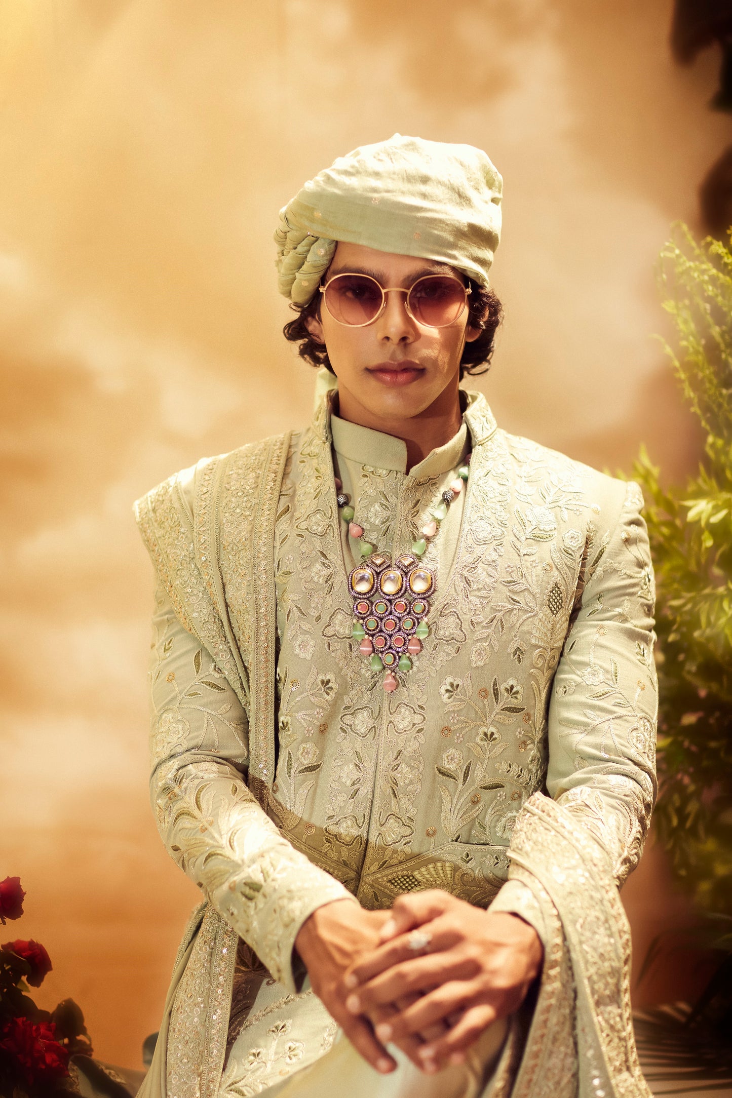 Pistachio Green Embroidered Sherwani Set