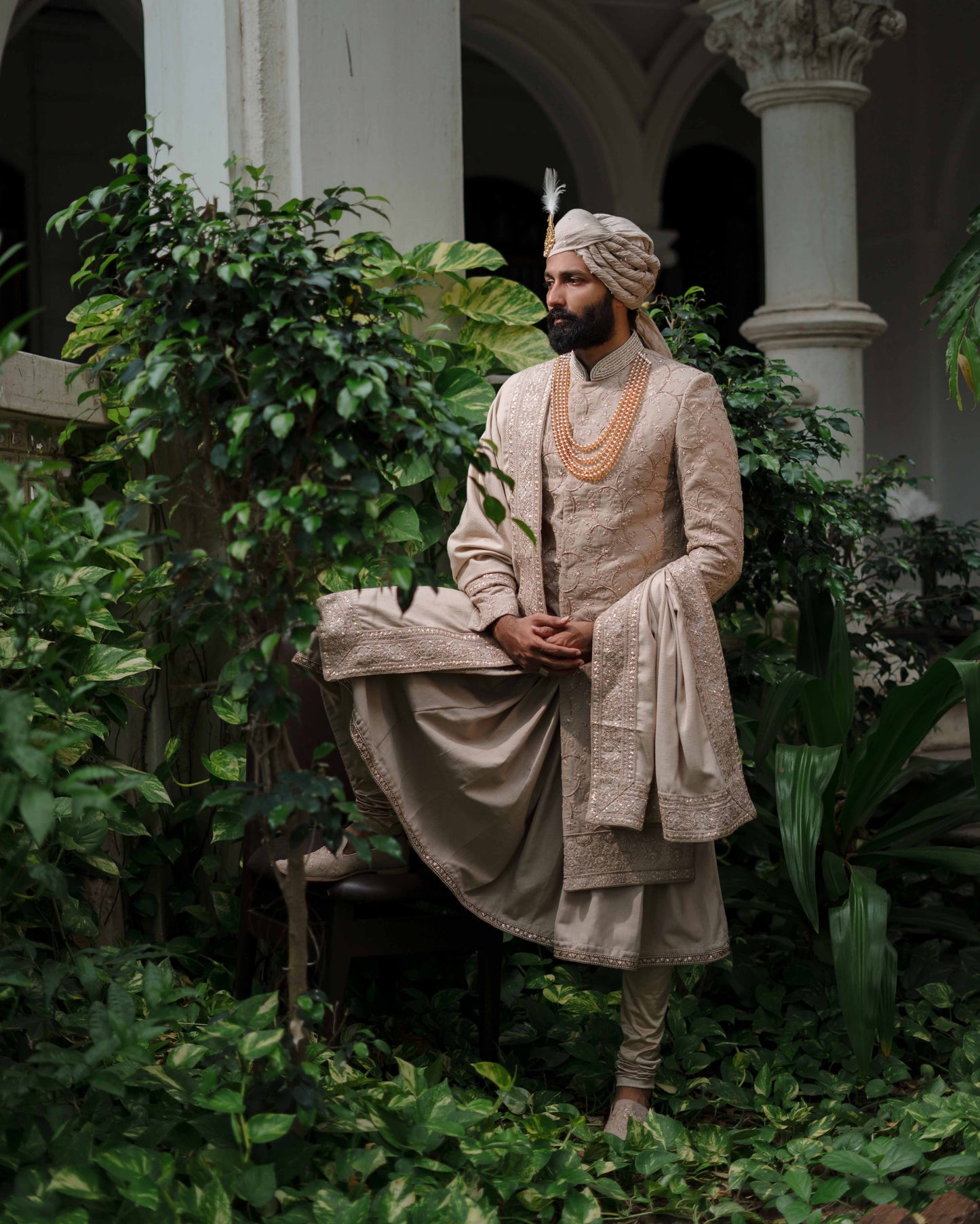 Beige Floral Embroidered Sherwani Set