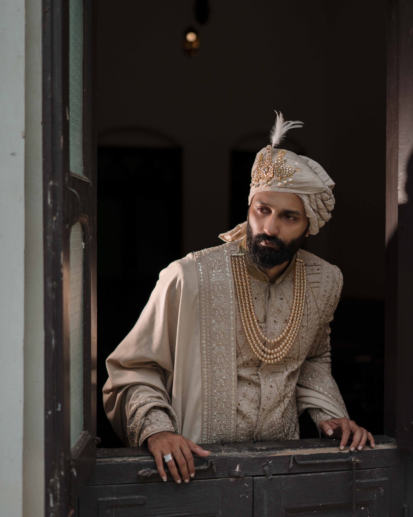 Beige Kajukatli Embroidered Sherwani Set