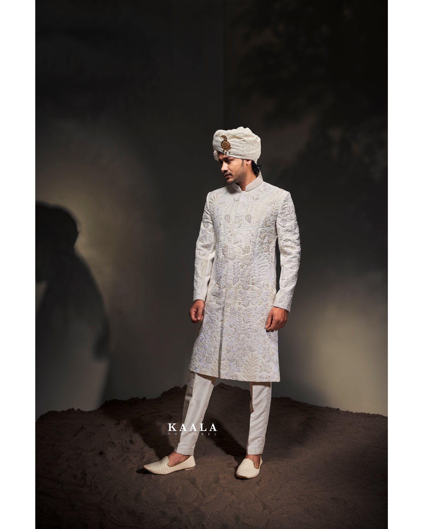 White Floral Embroidery Sherwani Set