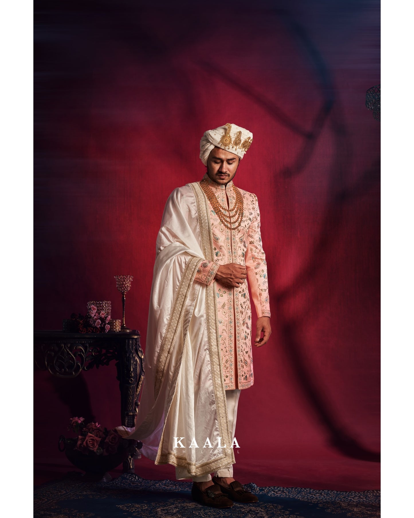 Peach Embroidered Sherwani Set