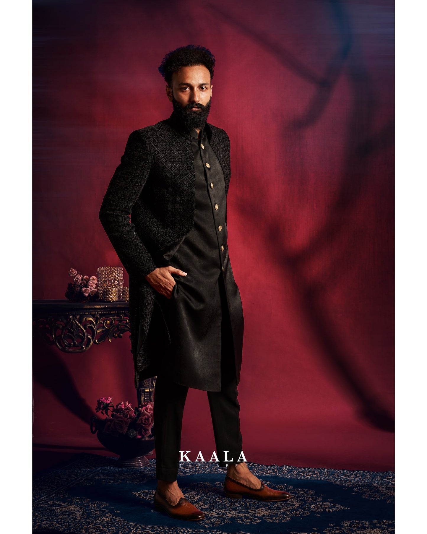 Black Checkered Embroidered Indo Set