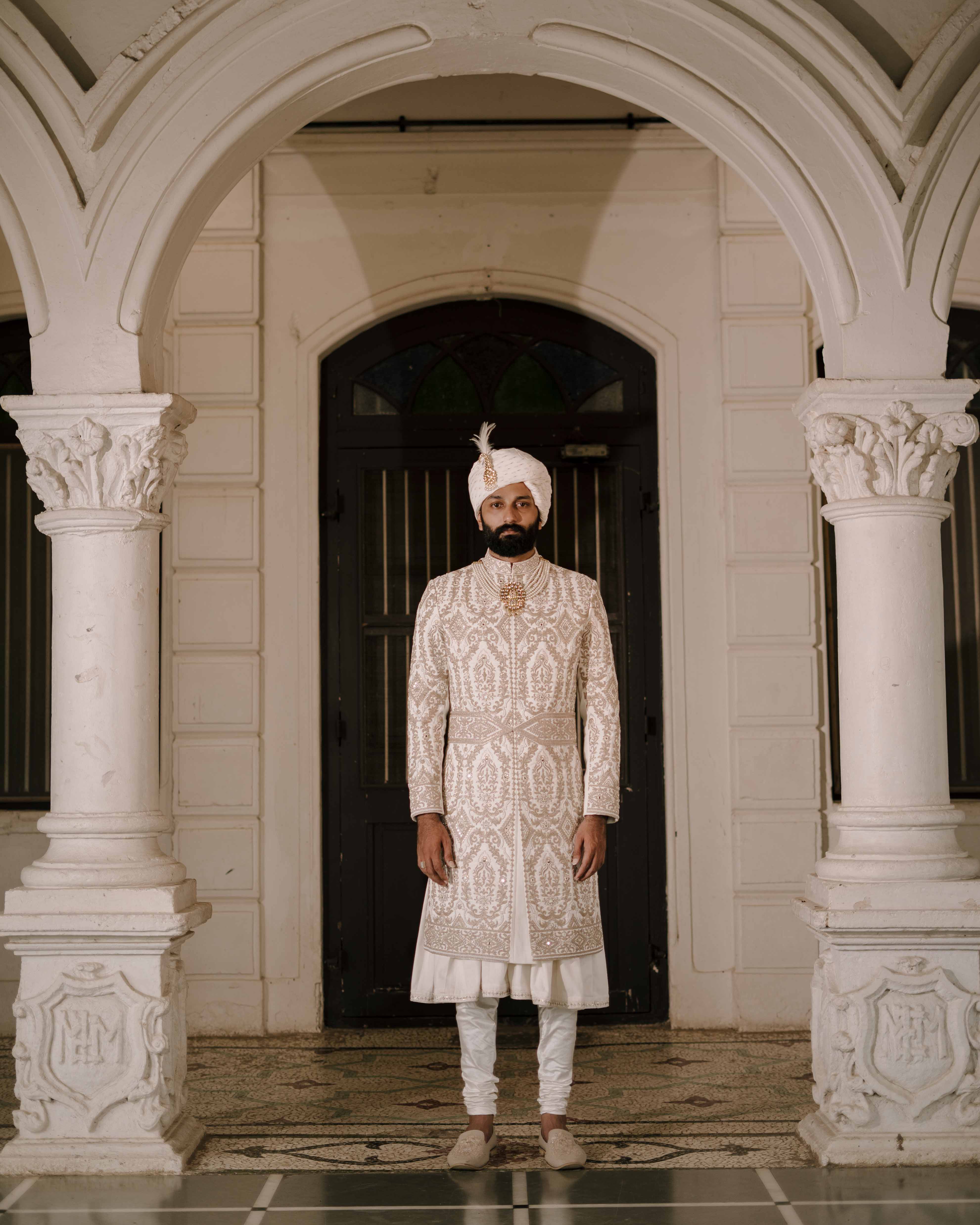 Off White Hand Embroidery Sherwani Set