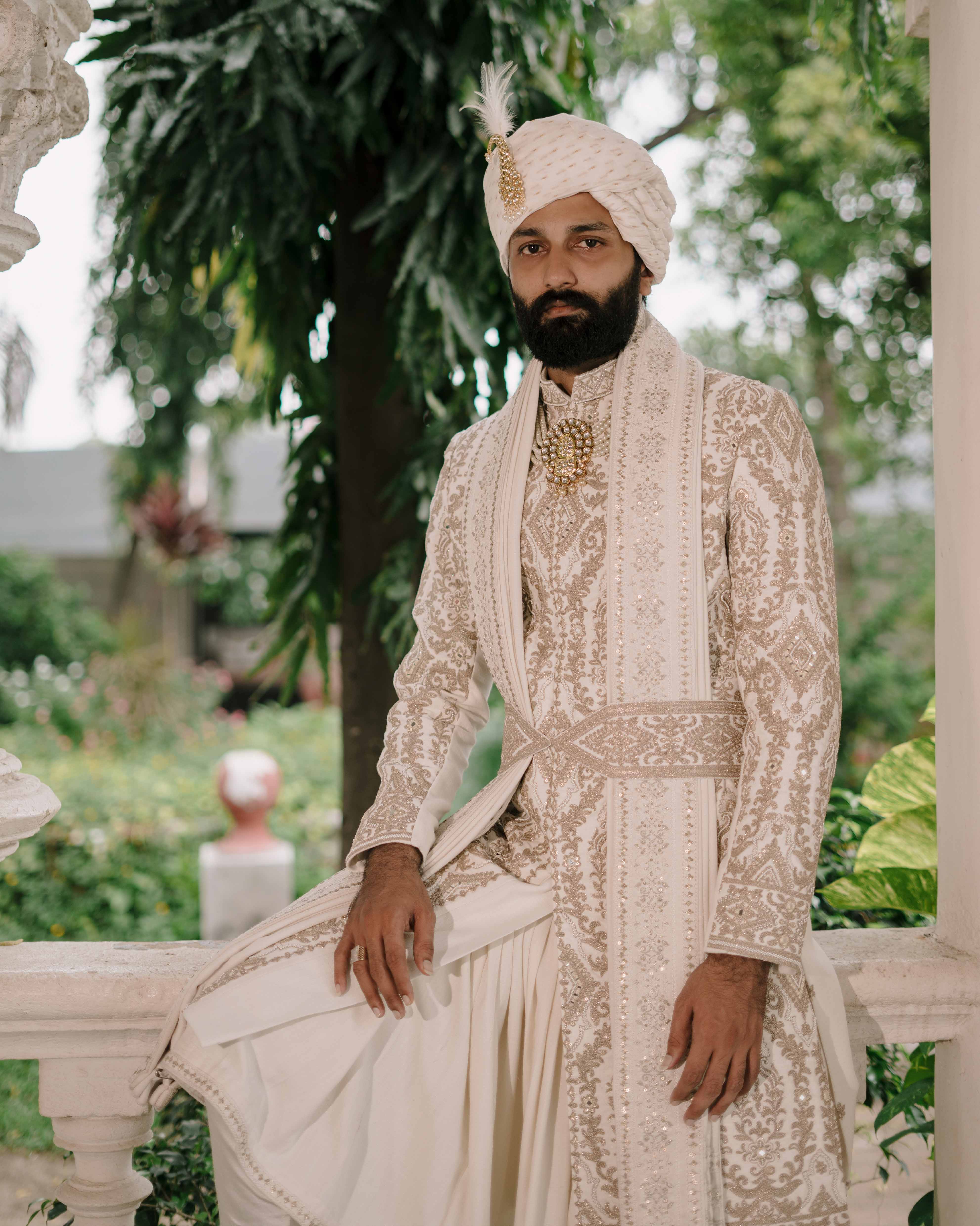 Off White Hand Embroidery Sherwani Set