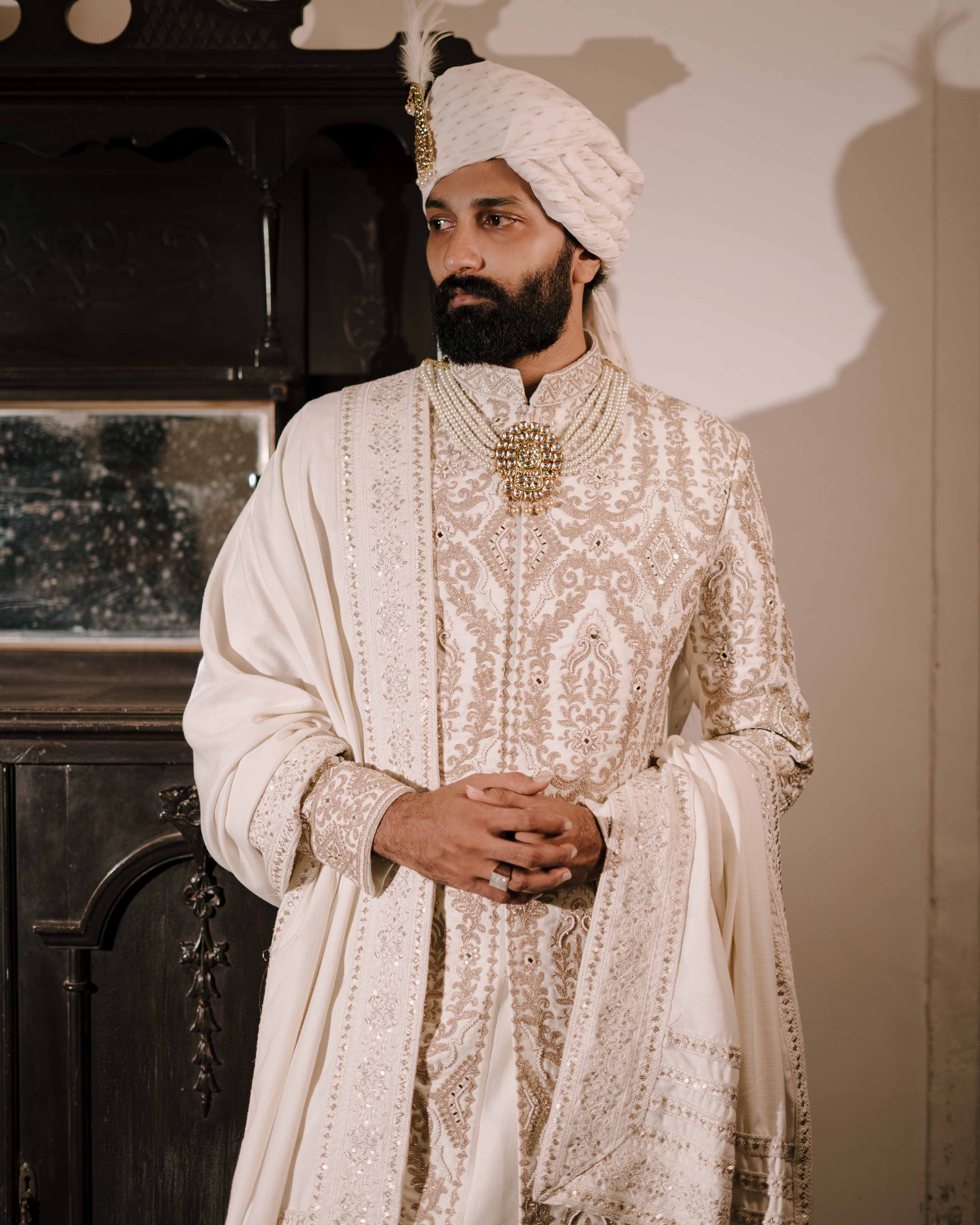 Off White Hand Embroidery Sherwani Set