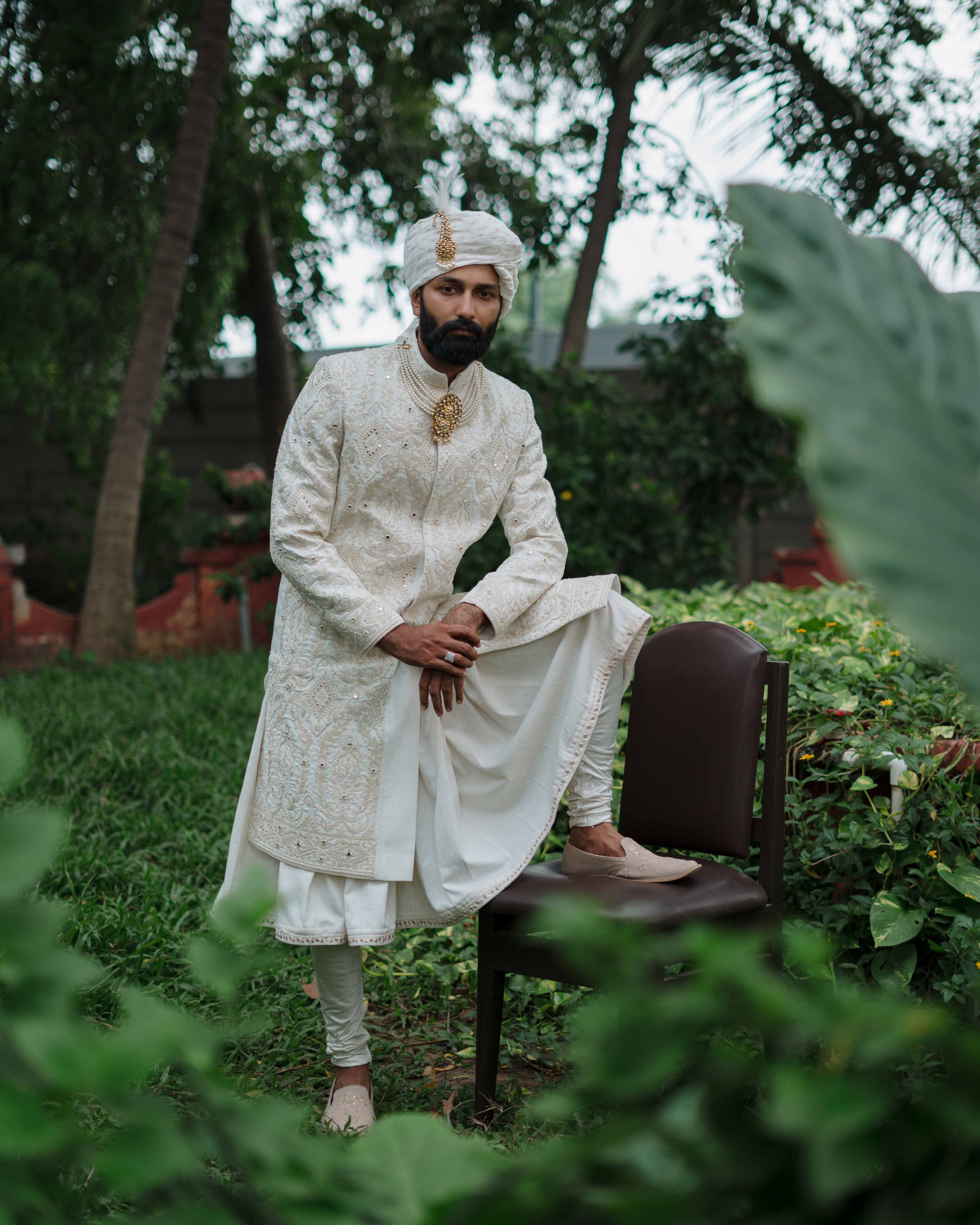 White Embroidery sherwani Set