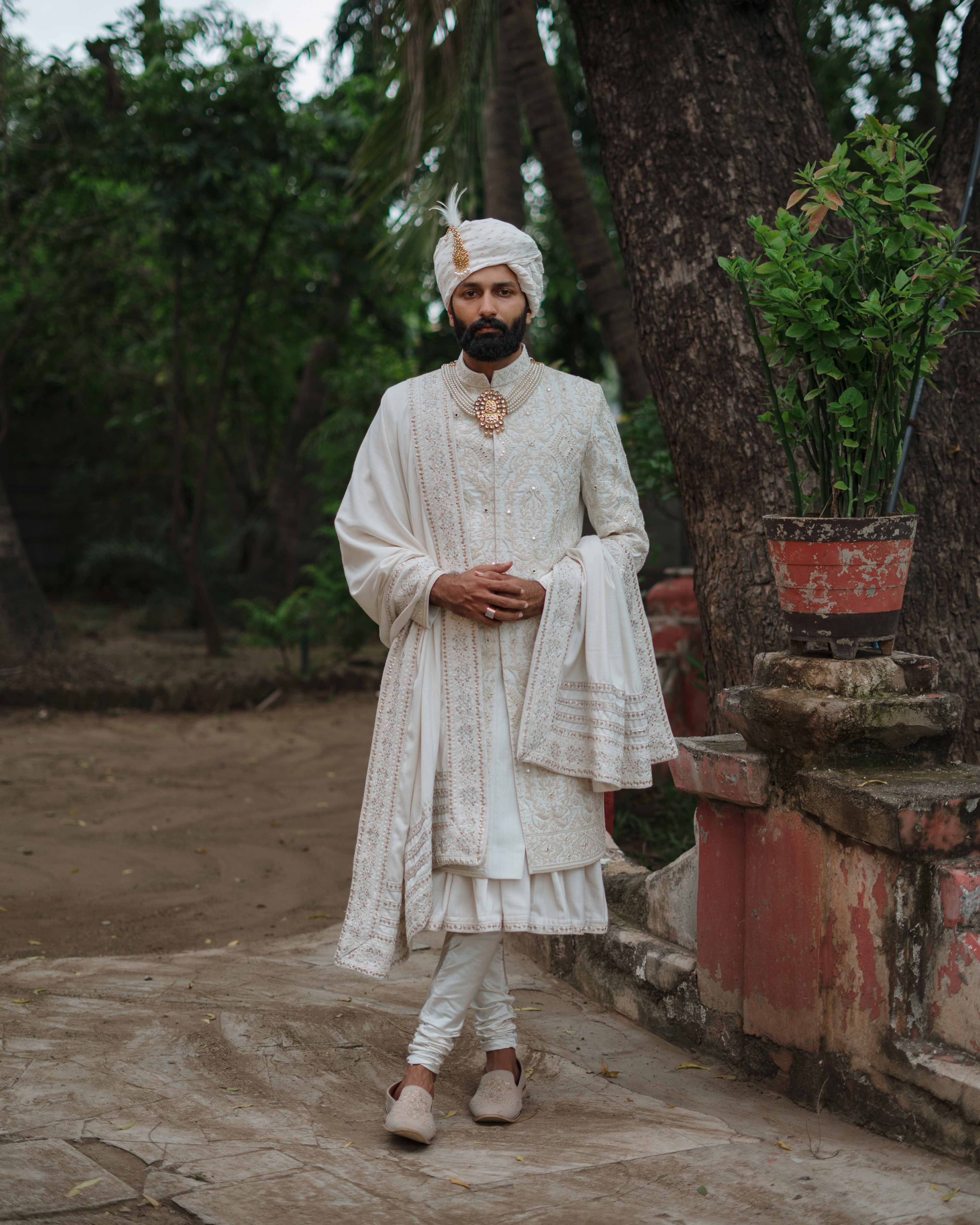 White Embroidery sherwani Set