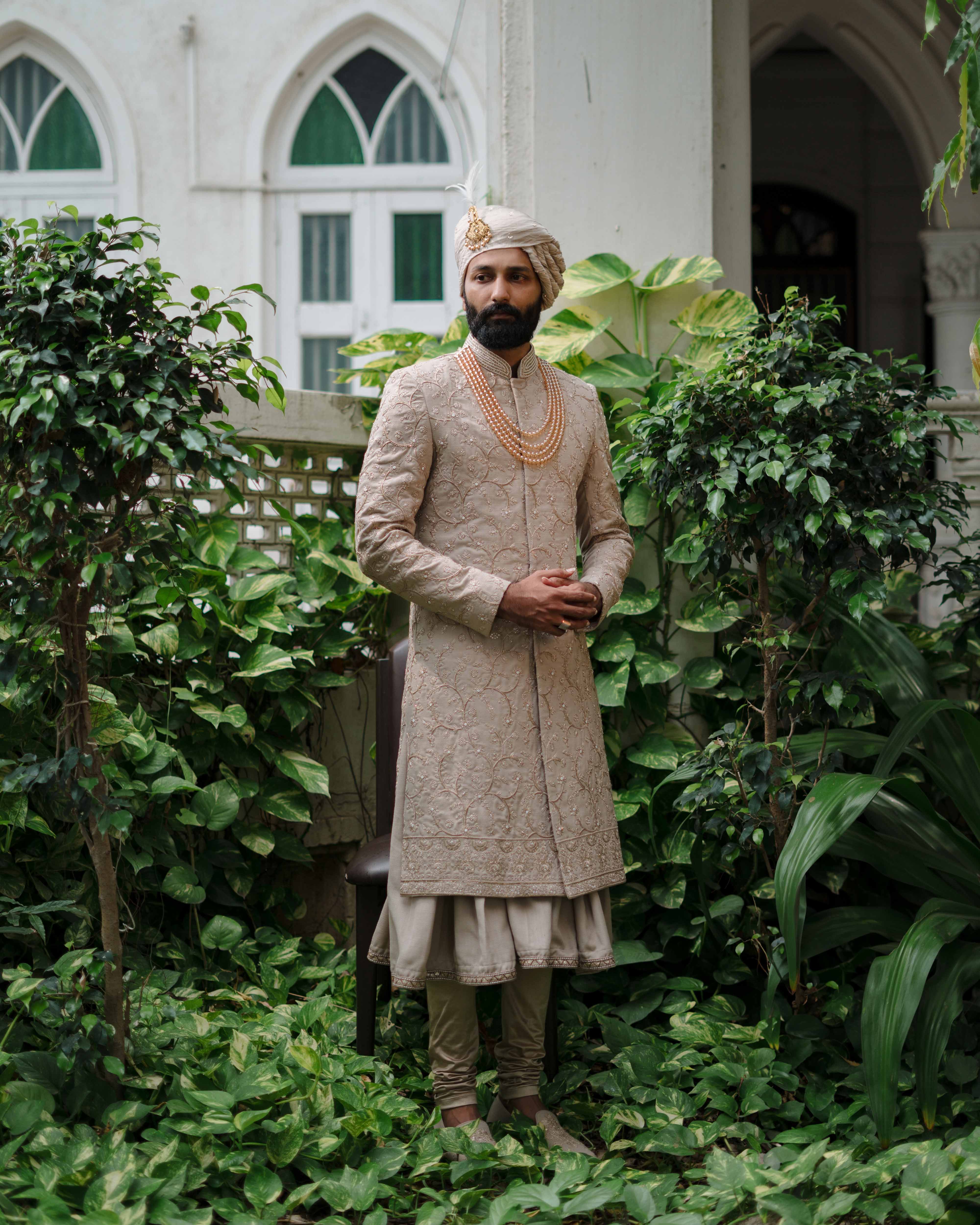 Beige Floral Embroidered Sherwani Set