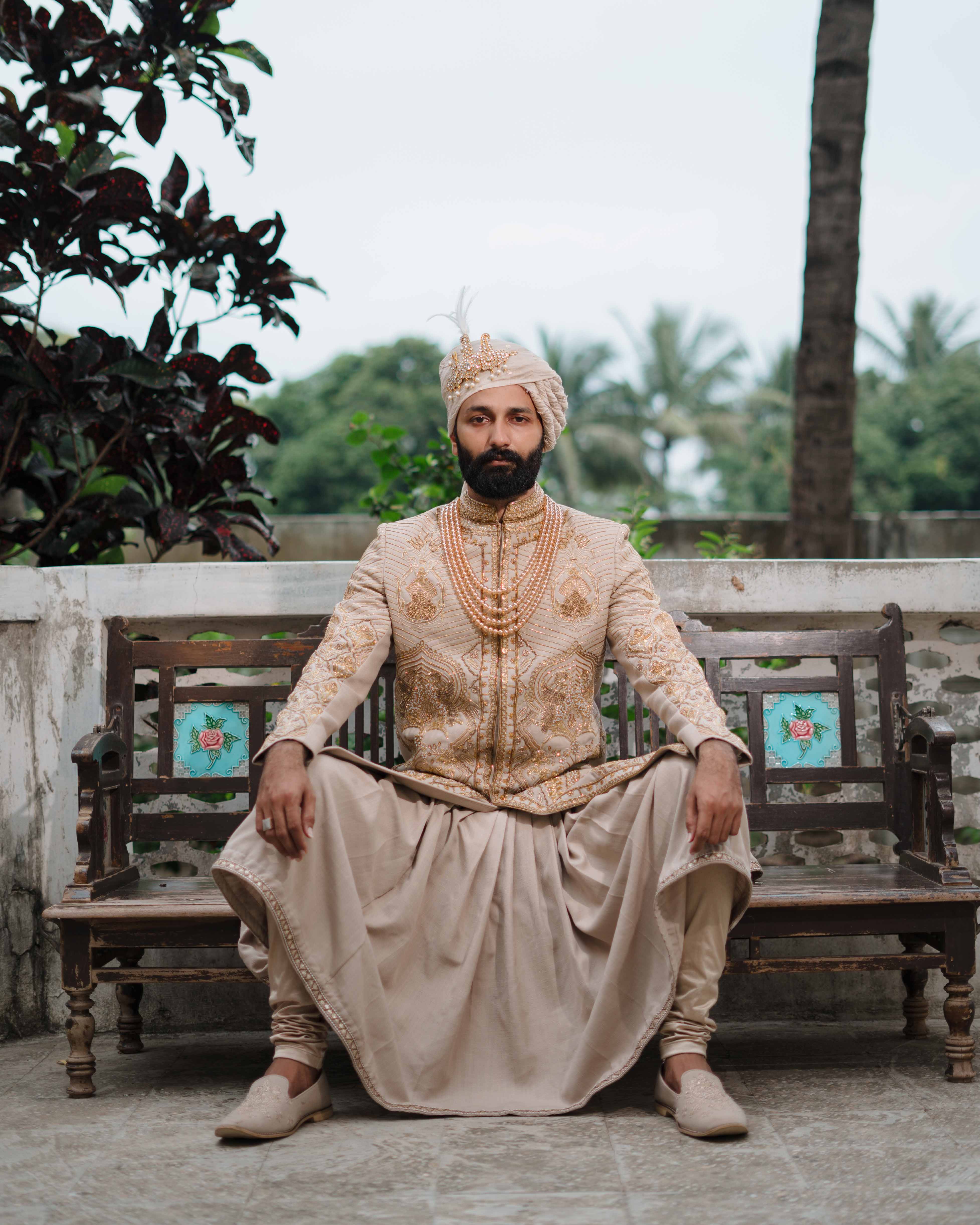 Beige Pure Hand Embroidered Sherwani Set