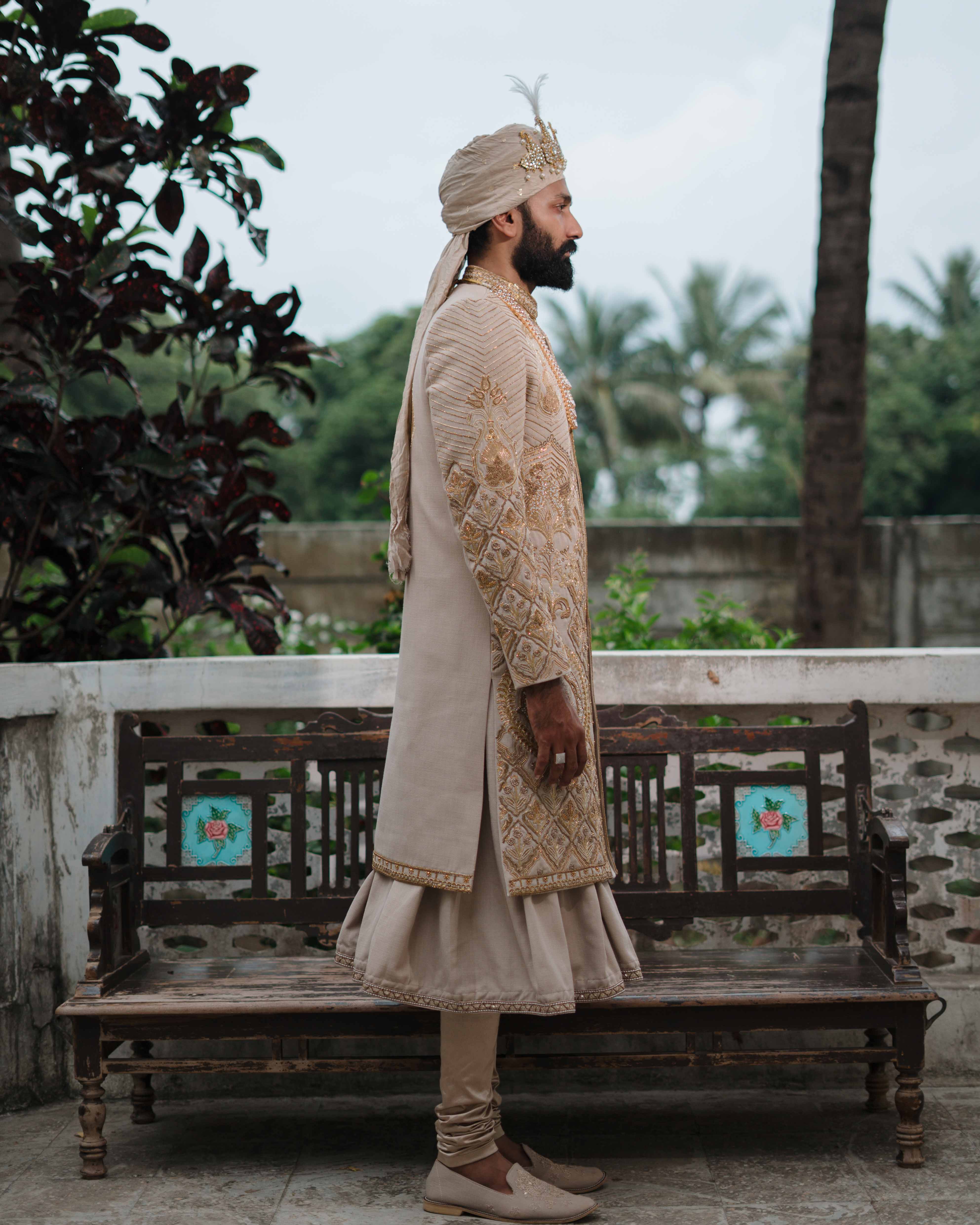 Beige Pure Hand Embroidered Sherwani Set