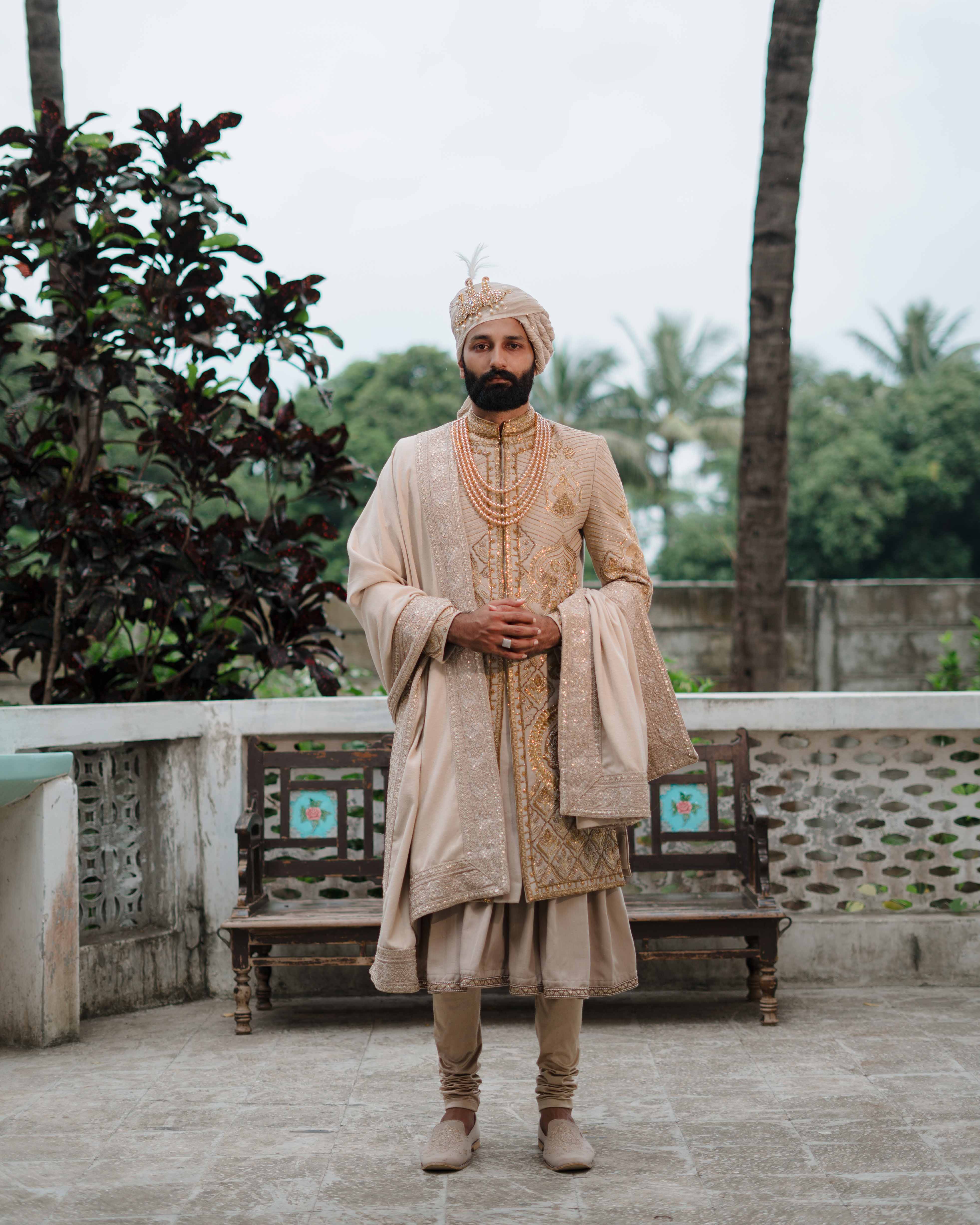 Beige Pure Hand Embroidered Sherwani Set