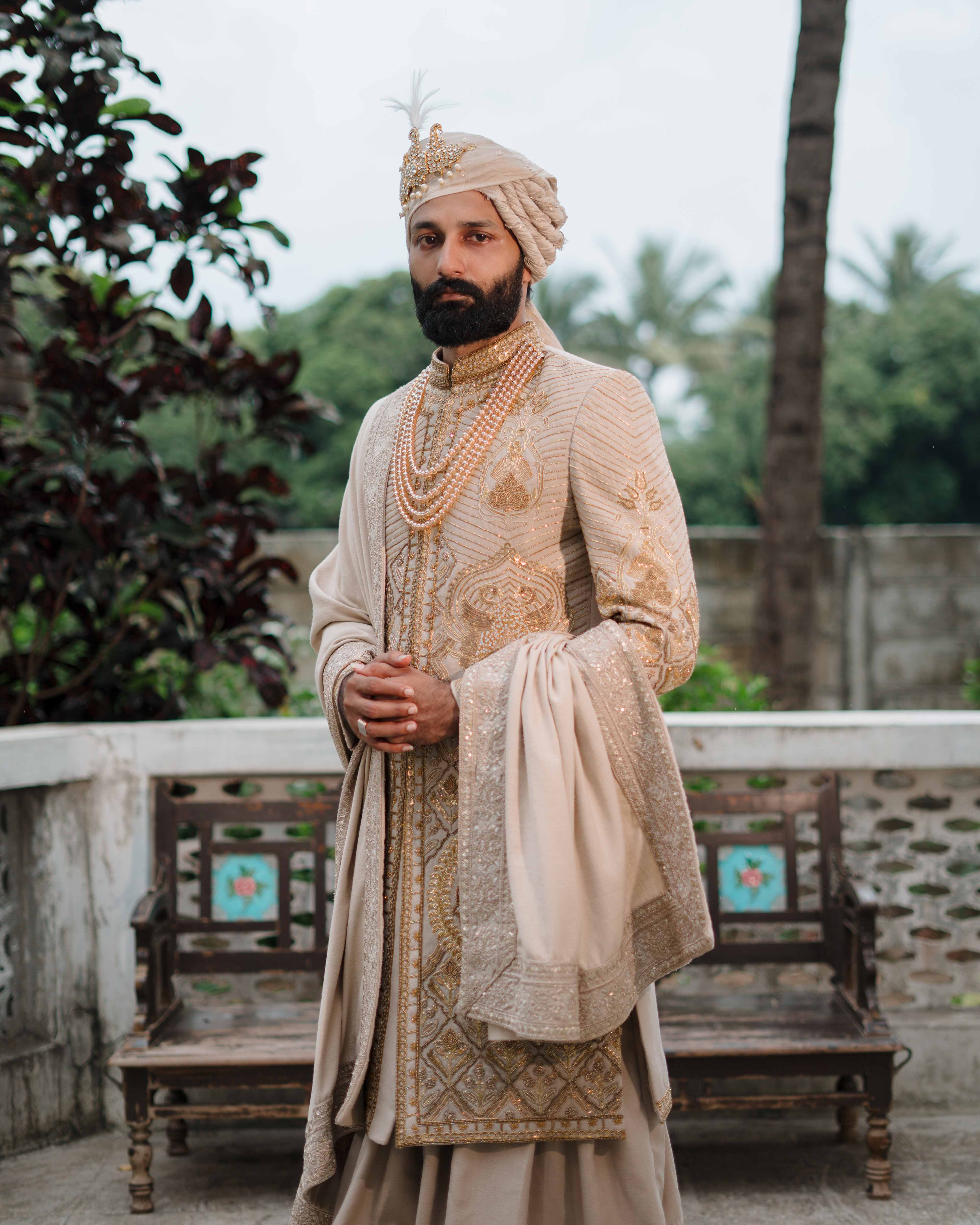 Beige Pure Hand Embroidered Sherwani Set