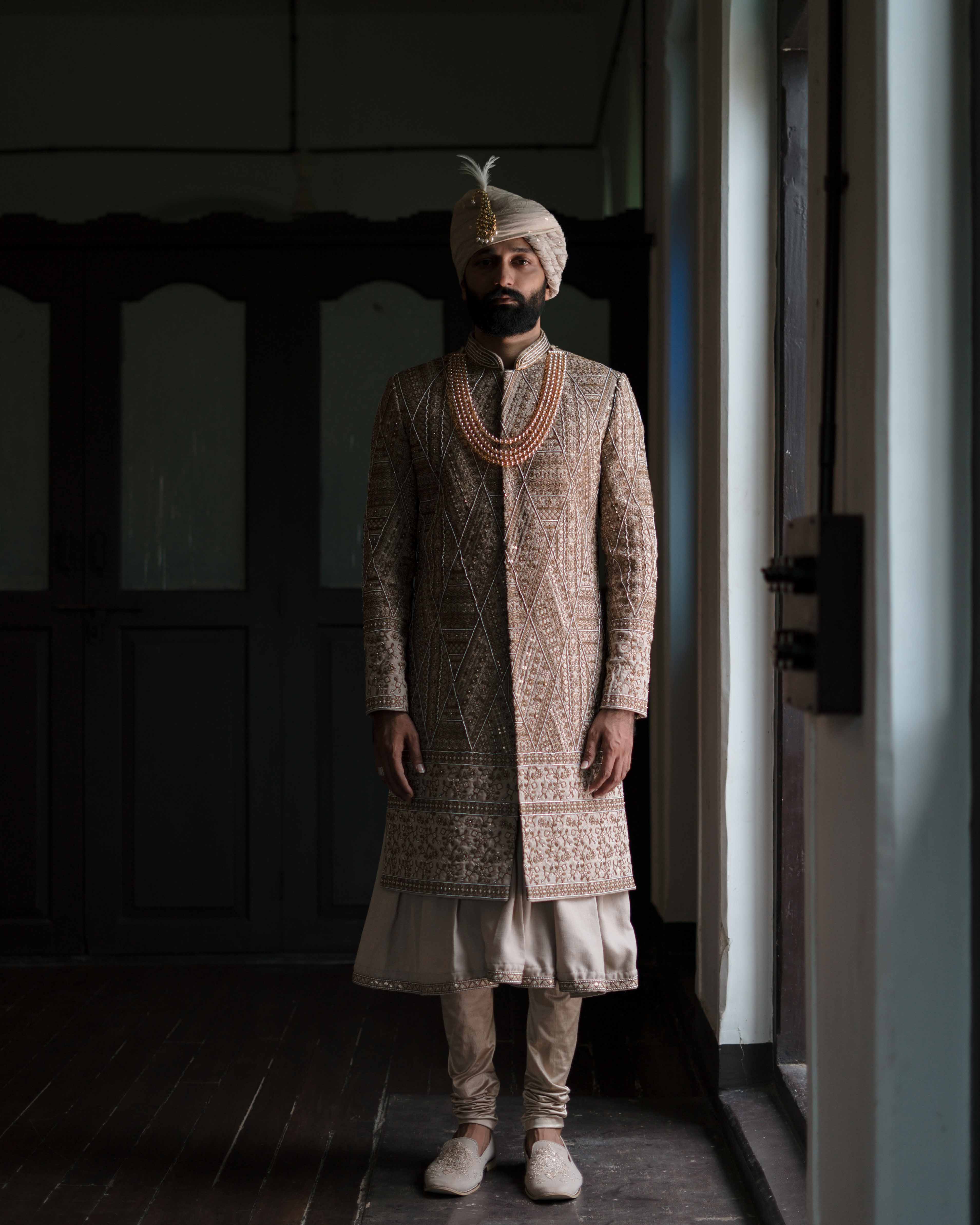 Beige Kajukatli Embroidered Sherwani Set