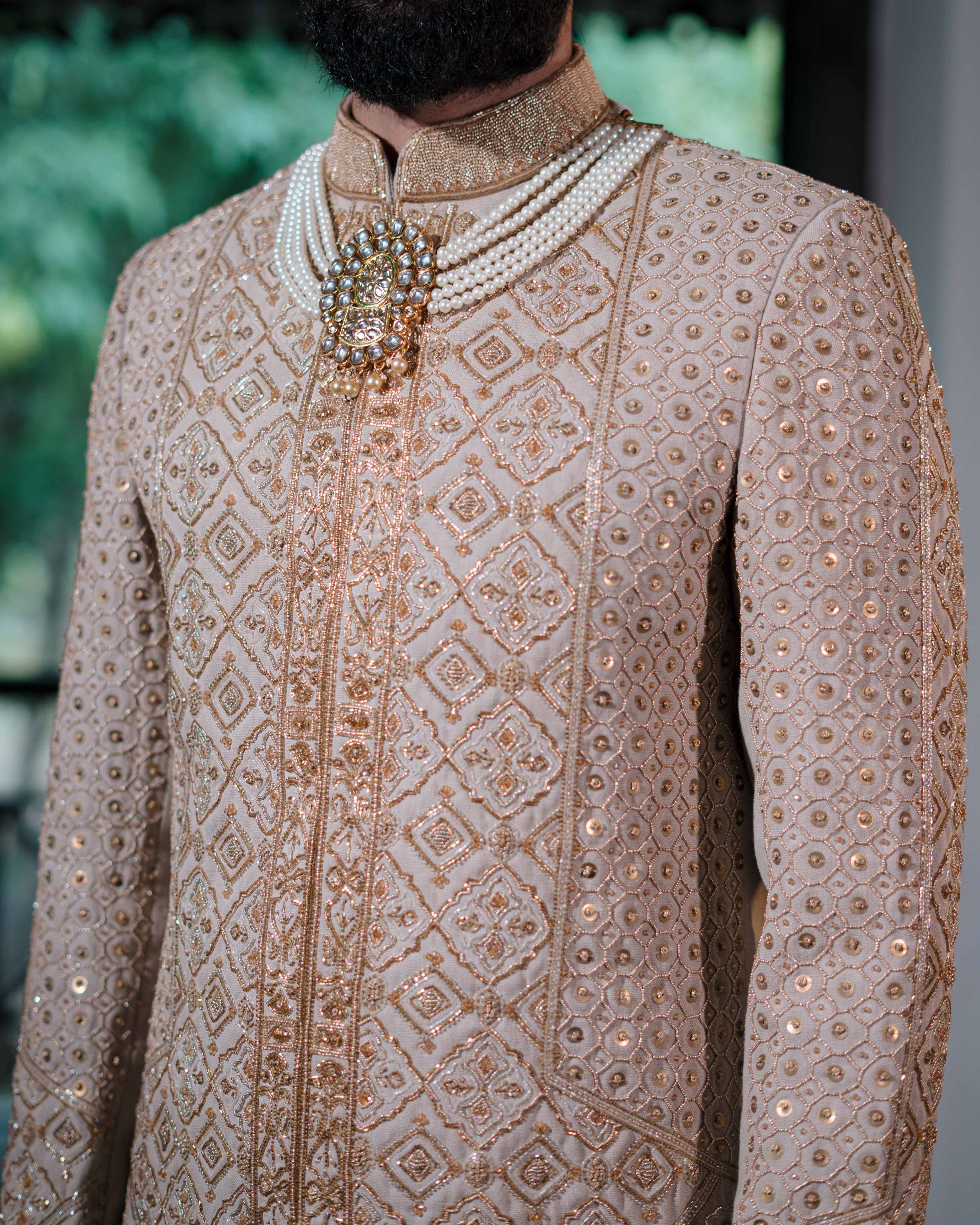 Camel Pure Hand Embroidered Sherwani Set