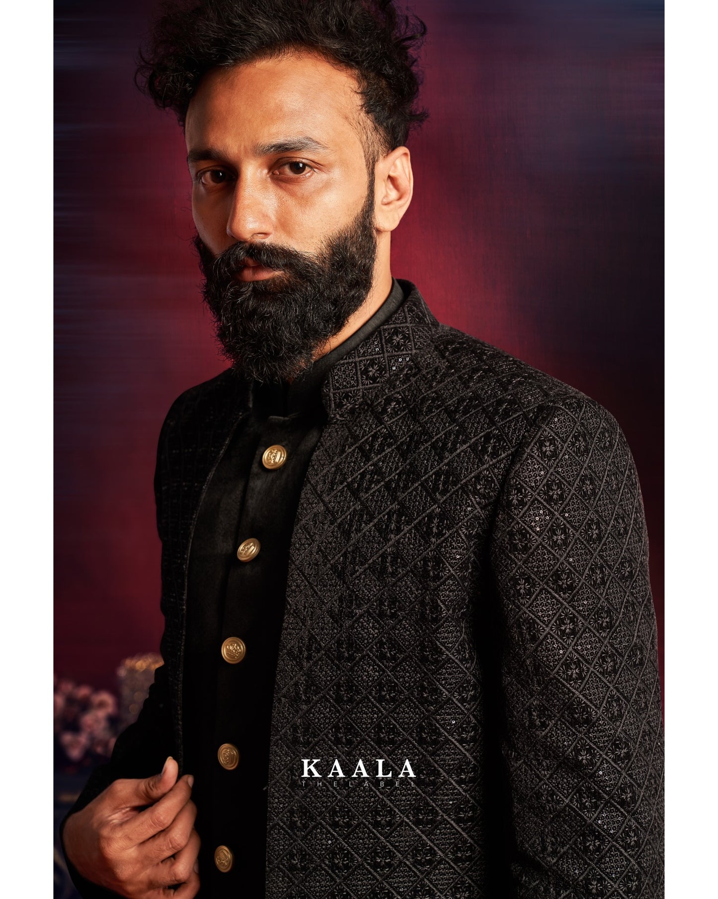 Black Checkered Embroidered Indo Set