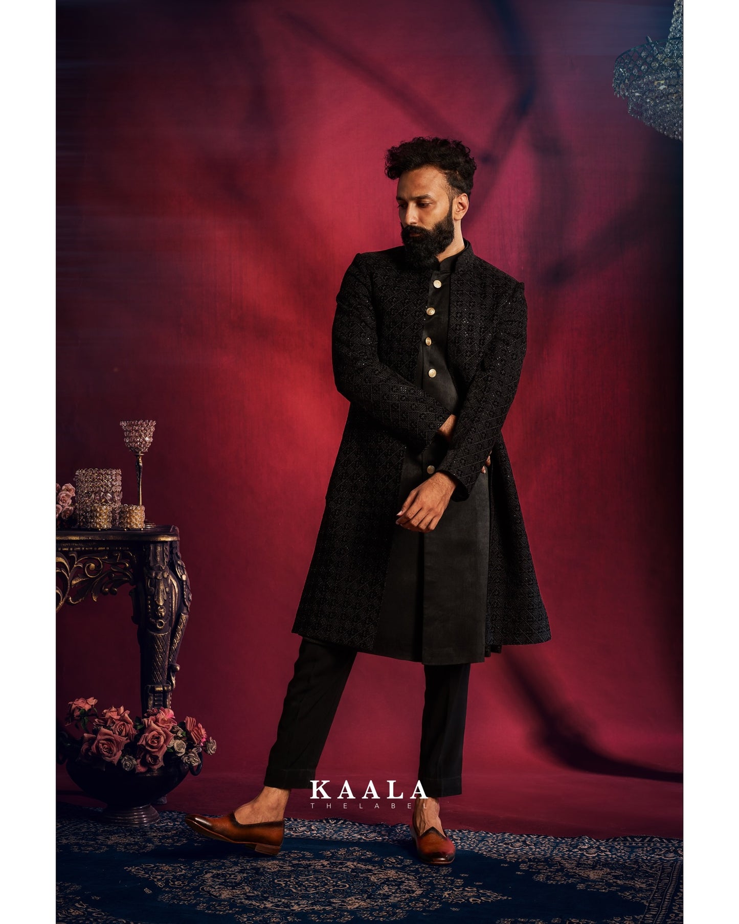 Black Checkered Embroidered Indo Set