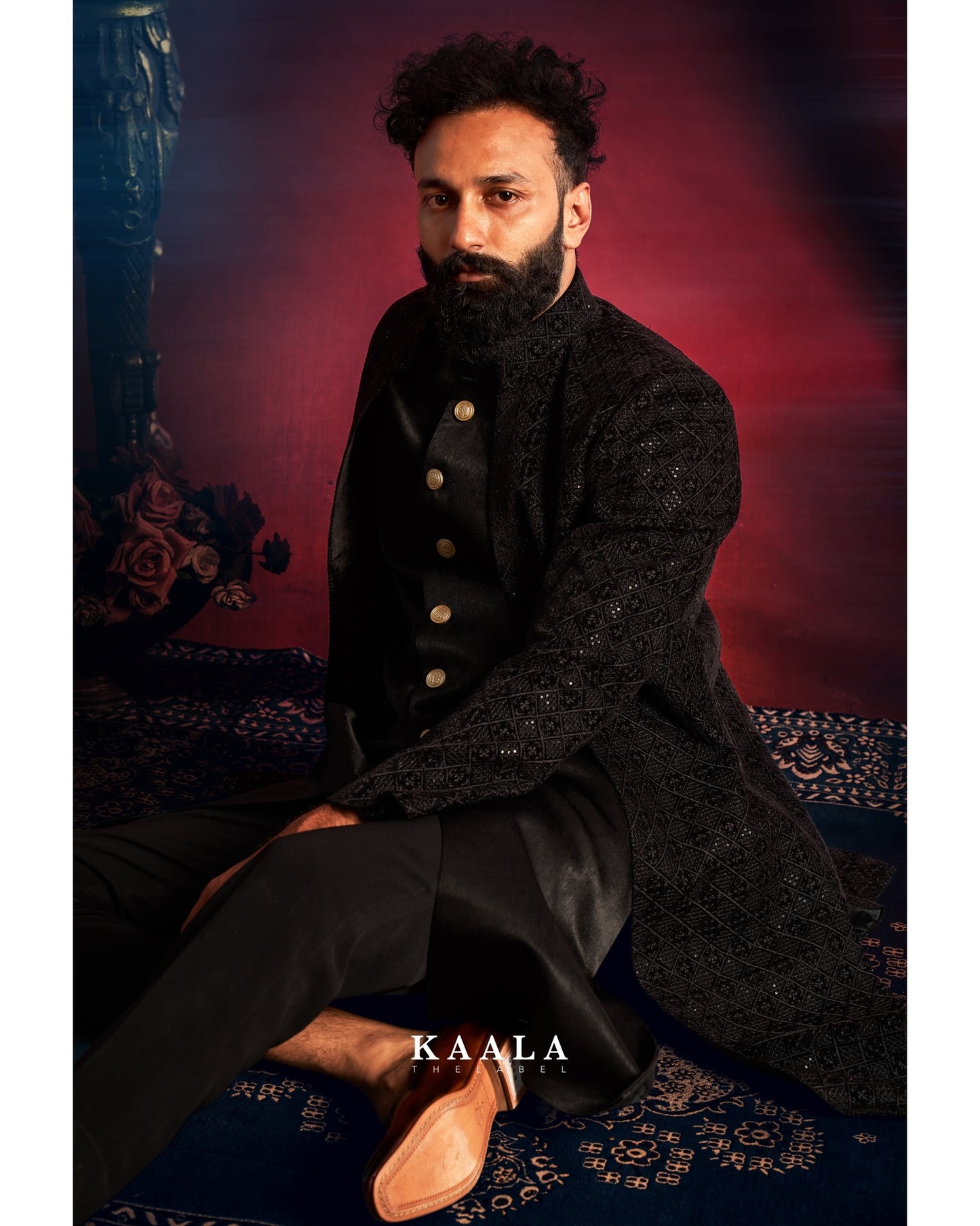 Black Checkered Embroidered Indo Set