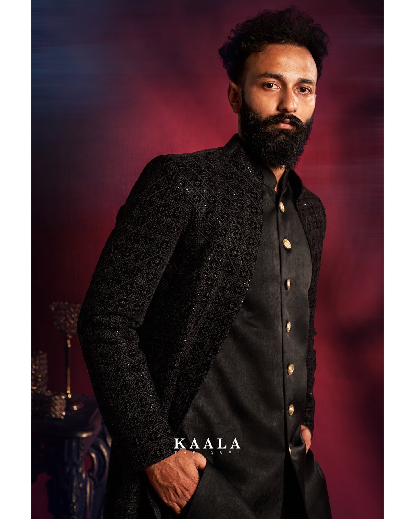 Black Checkered Embroidered Indo Set