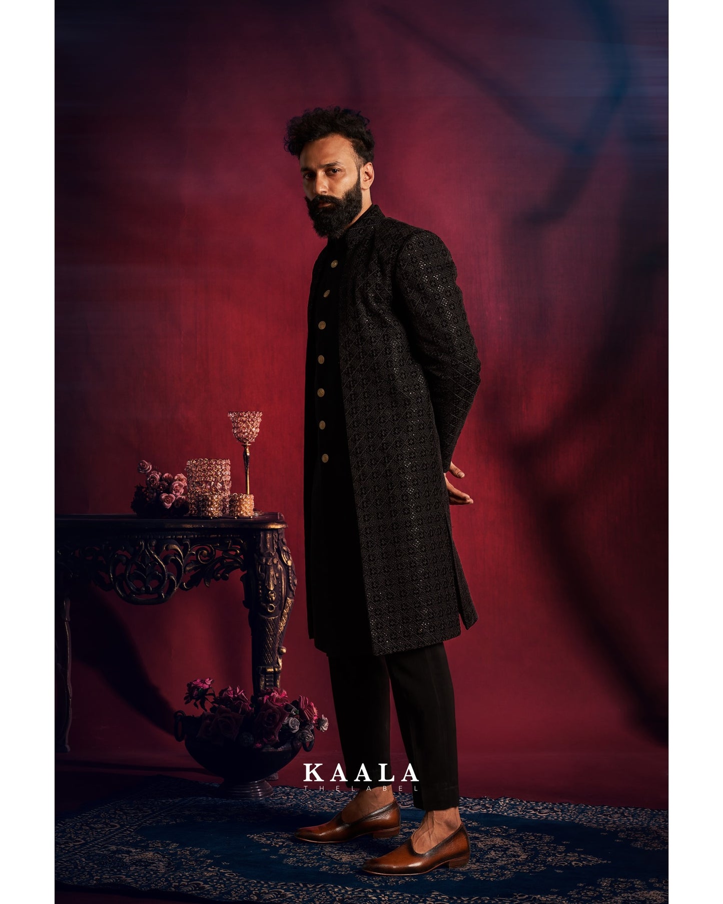 Black Checkered Embroidered Indo Set